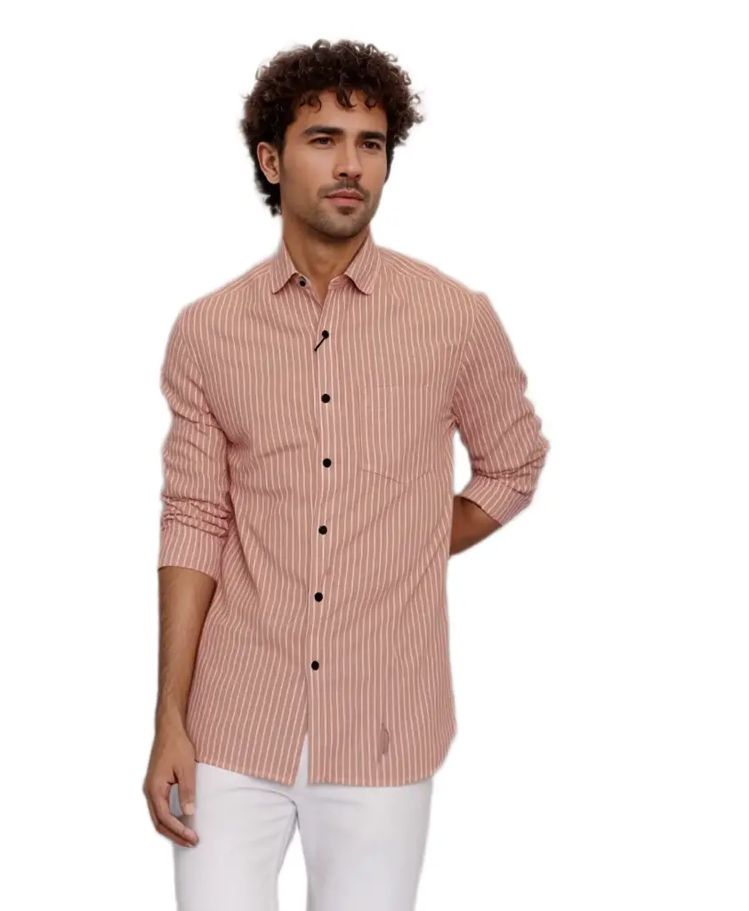 Vyara Men's 100% Cotton Full Sleeve Shirt | Slim Fit | Stripes Design | Soft & Breathable | Everyday Office Wear (Peach)