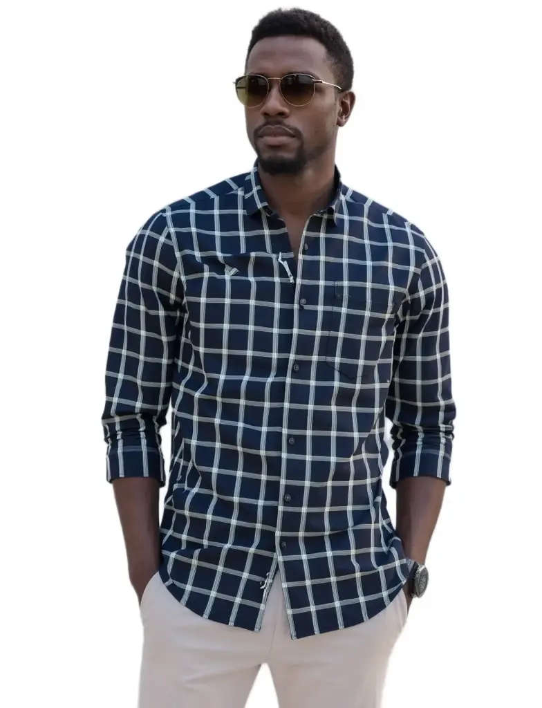 Vyara Men's 100% Cotton Full Sleeve Shirt | Slim Fit | Checks Design | Soft & Breathable | Casual & Office Wear (Blue 03)